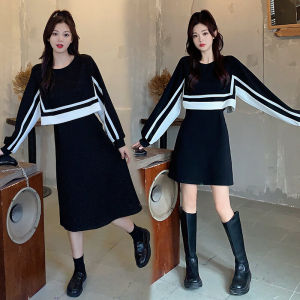 Slimming Mid-Length A-Line Dress Color Block High Waist Design Elegant Long Sleeve Womens Fashion Spring Commute Dress