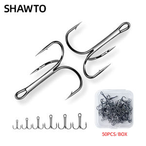 Shawto 50Pcs High Carbon Treble Hooks 6/10/14/16# Saltwater Fishing Lure Hooks Black Solid Fish Hook Round Bend Treble For Bass