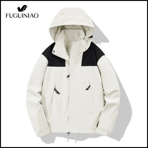FUGUINIAO 2023 Popular Mens Zipper Jacket Spring and Autumn Coat Waterproof and Windproof Mens Removable Hat