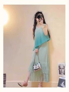Pear-Shaped Body Completely Outfitted Summer Set with Tassel Skirt Half-top Sleeveless Gradient Polyester Fiber Two-Piece Suit for Women