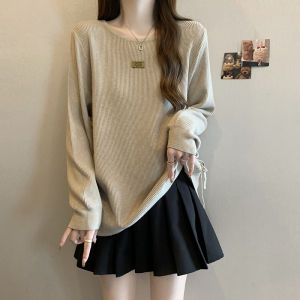 Plus Size Asymmetrical Drawstring Long Sleeves round Neck Knitwear Womens Fall and Winter Plus Size Ladies Loose Slim Fit Fashionable Sweater Bottoming Shirt