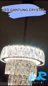 Lampu Gantung LED Crystal Bulat Besar 50CM 4 Susun 30CM 20CM Kaca Pasir 3 Warna Free Remote Pendant Light Luxury Mewah Full Crystal Kaca