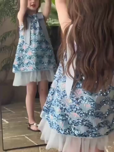 PRINCESS KESLI  ชุดแขนกุดหางนางเงือกสำหรับเด็กผู้หญิง ชุดเจ้าหญิงแฟชั่นเด็ก ชุดเดรสเกาหลีสไตล์ประดับเลื่อม 1-11ปี