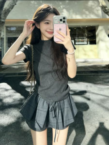 HUAYILING | Elegant and Chic Korean Style Two-piece Set Gray Top Plaid Skirt