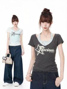 AUDISTY | Áo Thun Ngắn Tay In Hình V-Neck Giả Hai Mảnh