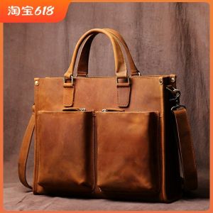 กระเป๋าหนังวัวแท้แบบมือทำสำหรับผู้ชาย กระเป๋าใส่โน้ตบุ๊กแบบสะพายไหล่ข้างเดียว กระเป๋าส่งของแบบมีซิป กระเป๋าใส่โน้ตบุ๊กขนาด 14 นิ้ว กระเป๋าสะพายข้างแบบมีซิป