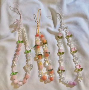 CoAce🔥COD🔥Korean INS Style Flower Tulip Mobile Phone Case Chain Anti-Lost Soft Pottery Lanyard Pearl Acrylic Bead Colorful Portable Wrist Strap Rope Pendant y2k bracelets