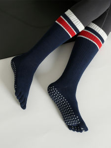 Womens High-Tube Yoga Pilates Socks Five-Fingered Anti-Slip Dance Fitness Professional Three-Color Stripe Cotton Mid-Calf Socks