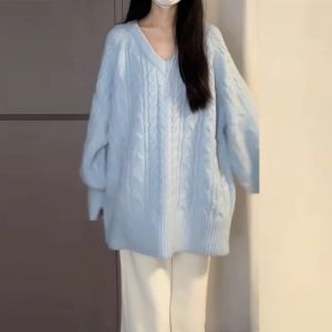 Blue V-Neck Loose Womens Sweater Lazy Style Autumn Winter Knitted Top Thickened Warm Long Sleeve Crew Neck Pullover Wool Blend