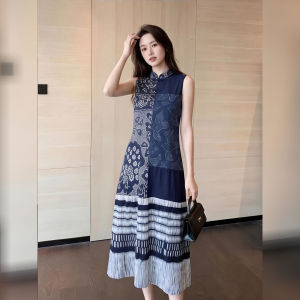 DANTING | Elegant Ethnic Style Blue Printed Sleeveless Vest Dress