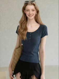 Deep Blue Short Sleeve T-Shirt U-Neck Henley Blouse