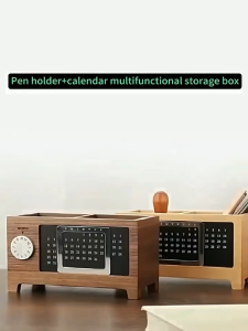 【COD】Solid wood multifunctional pen holder office desktop storage box clock calendar model storage box