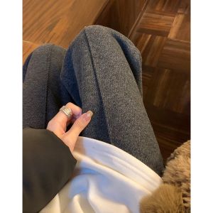 High Waist Fleece Lined Wide Leg Pants Womens Slim Fit Tweed Straight Cut Trousers Autumn Winter Casual Pants Korean Style