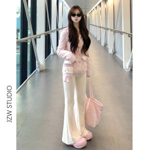 Quần Ống Loe Màu Trắng Cạp Thấp Cho Nữ Quần Dài Thường Ngày Mùa Thu Đông Có Dây Rút Dáng Ôm Vải Nỉ Dáng Rộng Thoải Mái Nhẹ