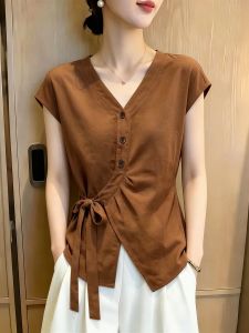 SHUAIYUE | Áo Sơ Mi Dây Kéo eo Kiểu Dáng Thời Trang Cổ V