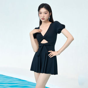 Luoke swimsuit women black one-piece skirt V-neck slim puff sleeve fashion Korean swimwear