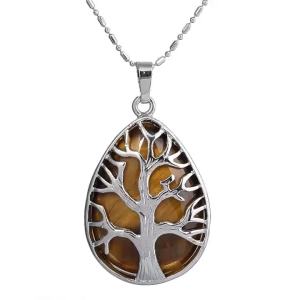 Tree of Life Natural Gemtone Crystal Amethyst Rose Quartz Tiger Eye Stone Water Drop Pendant Necklace for Women Men Jewelry