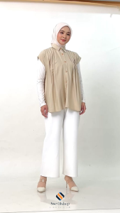 (Sseolshop X Arsya) SELA top Kemeja Wanita Rayon Twill Terbaru Korean Blouse Elegan Atasan Kantor Kasual Tanpa Lengan Warna Black Krem BW JUMBO L XL XXL