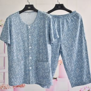Middle-Aged and Elderly Womens Pure Cotton Cardigan Short Homewear Suit Women Floral Cropped Pants Short Sleeve Floral Pajamas Pajama Pants