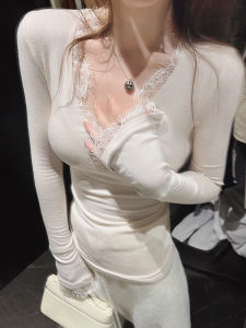 LUOFEN | Seductive Lace Long Sleeve T-shirt Low V-neck Tight White Top