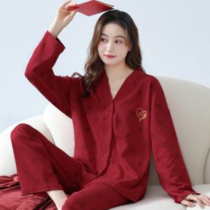 Wedding Wedding Pajamas For Women Red Spring and Autumn Pure Cotton Suit Winter Korean Style Festive Year of Birth Solid Color Homewear