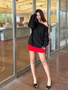 VKSOD | Black Fashionable Long Sleeve Short Half Skirt Two Piece Set Womens Autumn New Style Elegant Fashion Shoulder Slanting Top