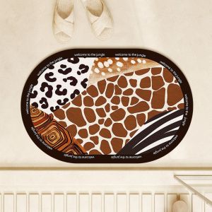 VIKAMA Oval Safari Animal Print Bath Mat Mixed Leopard Giraffe Zebra Pattern Non‑Slip Absorbent Floor Mat Bathroom Home Decor