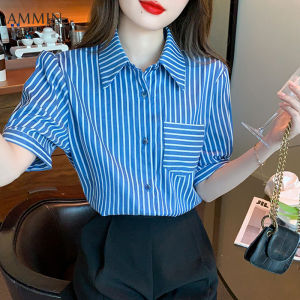 Ammin 2023 mùa hè mới đi lại thời trang ve áo sọc in Áo voan ngắn tay của phụ nữ phong cách Hàn Quốc túi đơn Một hàng khuy áo blouse thanh lịch