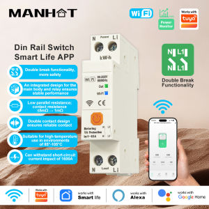 Manhot WiFi Smart Circuit Breaker MCB 1P 63A Timer Power Energy kWh Voltage Current Meter Protector Cutting OFF N +L Together