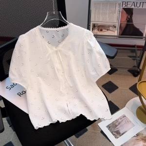 AMMIN French Style Retro V-neck Bow Lace-up Design Fashion Hollowed-out Flower Embroidered Shirt Womens 2025 Summer New Single-Breasted Design Elegant Blouse