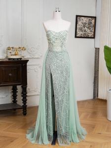MisShow Luxury Beaded Evening Dresses Strapless Sweetheart Collar Sequins Mermaid Dress Lace-up Backless Sheer Split Train Gowns