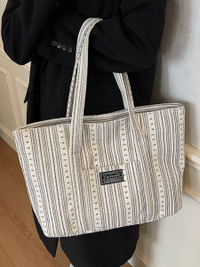 Large Capacity Striped Tote Bag Fashionable Handheld Commuter Bag for College Students Class Shoulder Bag Vertical Square Shape