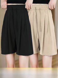 กางเกงขาสั้นผ้าไหมน้ำแข็งสำหรับผู้หญิง ฤดูร้อน 2024 กางเกงขายาวทรงหลวมเอวสูง ทรงหลวม ทรงลำลอง สไตล์เกาหลี