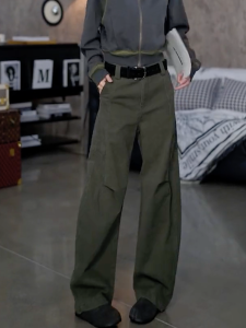 High Waist Workwear Pants American High Street Style Casual Trousers Military Green Retro Elegant Long Pants Autumn Fashion