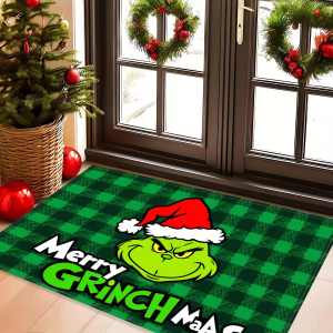 VIKAMA Green Checkered Gremlin-Patterned Rug Bedroom & Living Room Decorative Floor Mat Soft and Comfortable Home Decor Rug