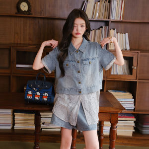MIUCO | Bộ Quần Áo Jeans Độc Đáo Kết Hợp Ren Áo Tay Ngắn Quần Short Rộng