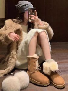 Redkcrugg Snow Boots Womens Fur Integrated New Arrival Two-Way Wear Shoelace Bows Knee Socks Goddess Northeast Cotton Padded Shoes