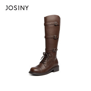 Josiny | Belt Buckle Knight Motorcycle Boots Women Below Knee Thick Heel