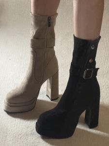 Fashionable Mid-Calf High Heels with Cuff Short Boots for Women Autumn Winter Versatile Heightening Small Size Medium Tube High Heels