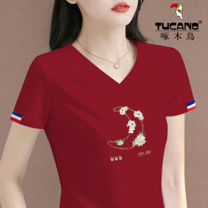 TUCANO 2025 New Womens Slim Fit Short Sleeve T-Shirt V-Neck Overhead Design Printed Summer Top Korean Style Cotton Blend