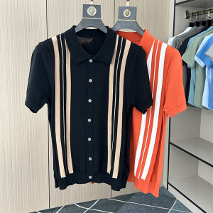 Summer Mens Knitted Ice Silk Half Sleeve Polo Shirt Vintage Stripes Cool Feeling Open Cardigan T-Shirt Fashion Urban Style