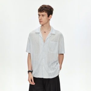 Lace Hollow Cuban Collar Loose Breathable Short Sleeve Shirt