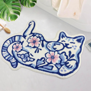 VIKAMA Exotic Flower Pattern Cat Shape Rug Anti Slip Absorbent Bathroom Floor Mat Unique Decor Gift For Pet Lovers