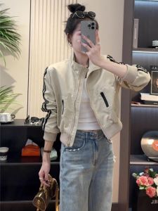 Womens Short Baseball Jacket Loose Fit Stand Collar Korean Style Autumn New Arrival Premium Feeling Coat for Small Figures
