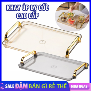 Khay Úp Ly Cốc Trong Suốt Chất Liệu Nhựa Acrylic Cao Cấp Chịu Nhiệt Có Tay Cầm Viền Vàng Sang Trọng - Khay Đựng Đồ Decor Để Bàn