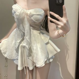 GUZILIAN | Sweet Spicy Girl Fairy Tale Design Ruffle Hem Off Shoulder Two Piece Set Women Summer Top With Drawstring Umbrella Skirt