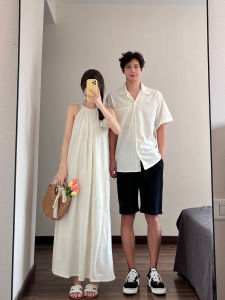 ชุดเดรสยาวคอวีแขนกุดสไตล์ฝรั่งเศสสำหรับคู่รัก ชุดเดรสยาวคลุมเข่าสำหรับผู้หญิง ชุดเดรสยาวคลุมเข่าฤดูร้อน