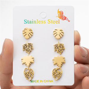 4Pairs/Lot Vintage Small Monstera Leaves Ear Studs Sets Boho Stainless Steel Maple Leaf Earings Hawaii Beach Jewelry Girls