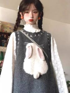 สีเทา เสื้อกั๊ก เดรส กระต่ายตัวยาวปานกลาง เสื้อสเวตเตอร์ถัก ทําด้วยมือ ทันสมัย เรียบหรู แขนยาวคอกลมลายสัตว์ เดรส