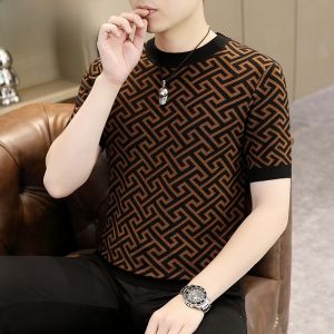 HENGYUANXIANG | Hengyuanxiang 2023 Mens Casual Round Neck Short Sleeve Knitted Sweater Striped Design Thickened Polyester Blend Autumn Winter Top